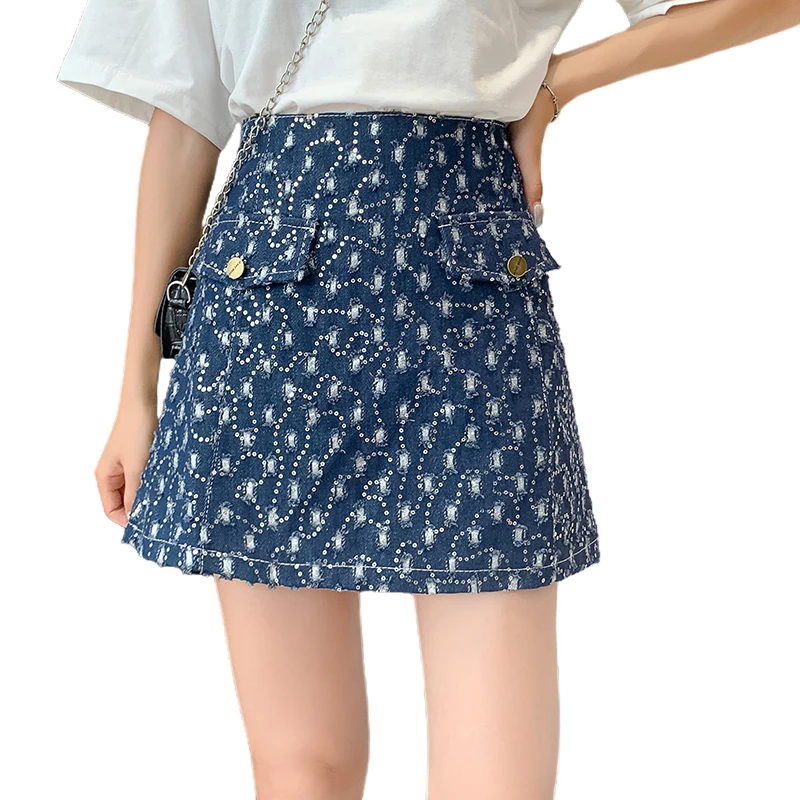 

High Waist A-line Skirts Women Summer Streetwear Chic Sequins Design Slim Denim Skirt Elegant Chic Skirts Ladies