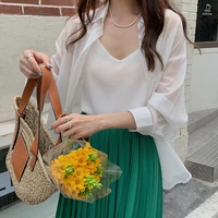 2021 summer women solid color casual blouse lapel button thin long sleeve loose design sunscreen top fashion elegant shirt