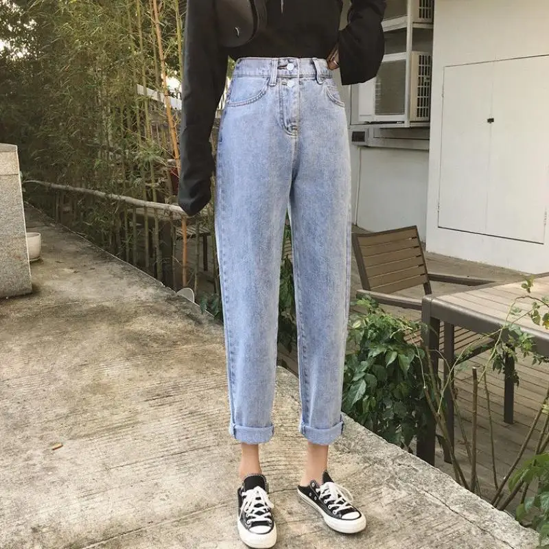 

Jeans Women High Elastic Waist Zipper Ankle-length Denim Solid Simple Womens Trousers Chic Harajuku Fashion Daily Loose Students