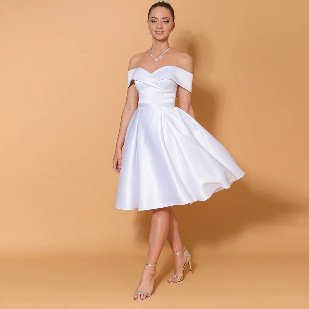 

Elegant Short Satin Wedding Dress Off Shoulder 2022 Bridal Gown For Woman Sleeveless A Line Knee Length Robe De Mariee Femme