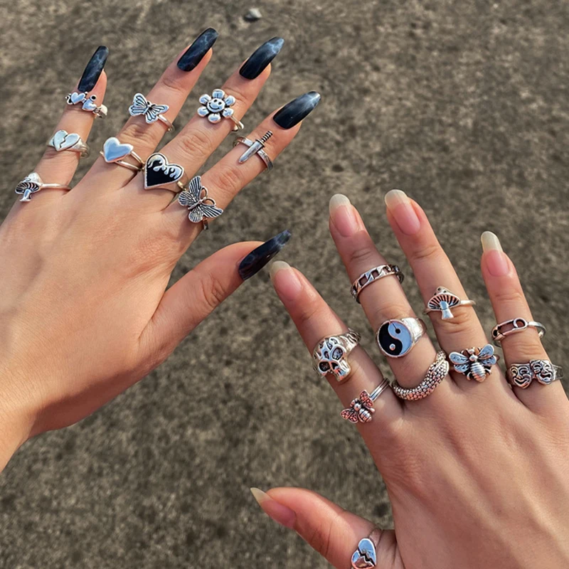 Комплект женских колец в стиле панк/готика винтажные очаровательные украшения