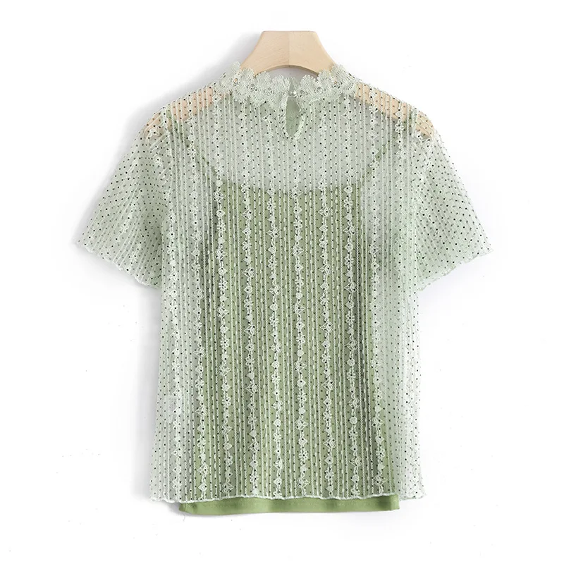 

Women T Shirt Perspective Lace Mesh T Shirts Solid Sexy T-shirt Stand Collar Long Sleeve Tshirt Women T-shirt Women Top