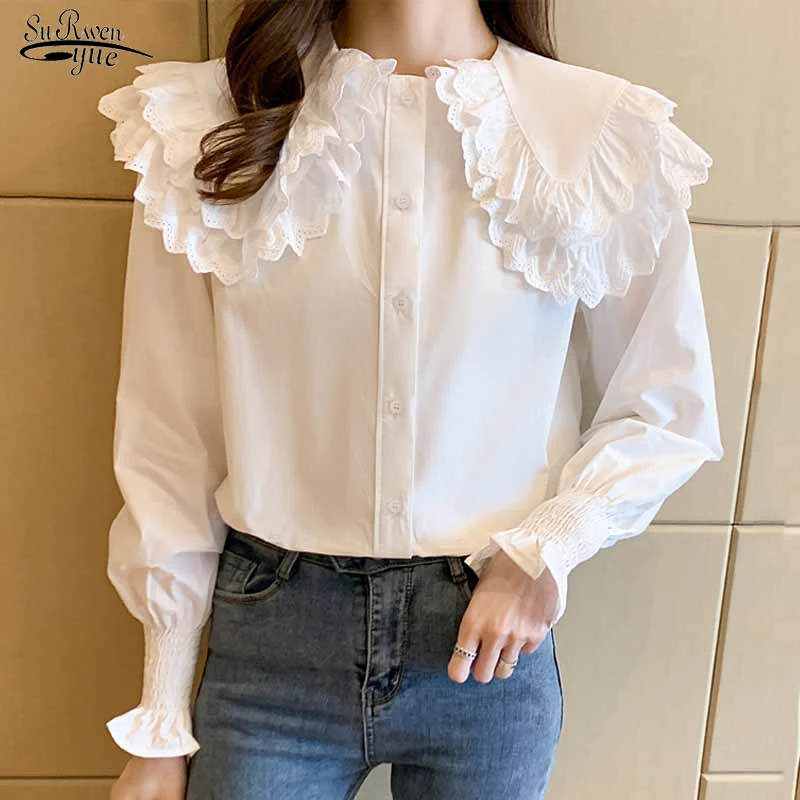 

Sweet Peter Pan Collar White Shirt Women's Long Sleeve Top Autumn Ruffle Blouse Women Lace Stitching Loose Shirt Clothes 16362