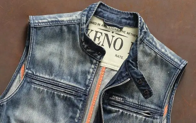 Осенний ковбойский жилет мужской джинсовый Байкерский Модный Синий Облегающий