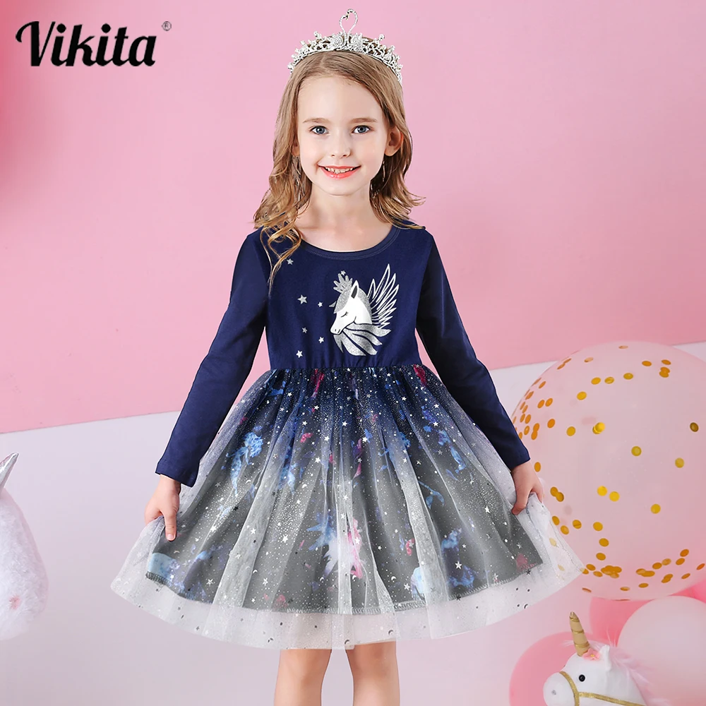 VIKITA-vestidos elegantes para ni&ntilde;as, vestido de tul princesa con estampado de unicornio y lentejuelas-0