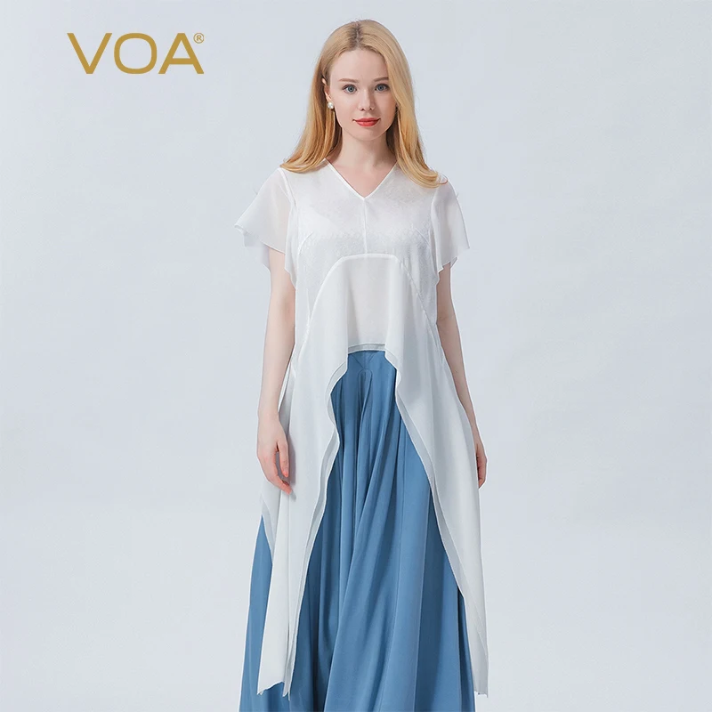 

VOA Silk Jacquard Ivory White V-neck Petal Short-sleeved Dovetail Design Three-dimensional Decorative Loose T-shirt Women BE727