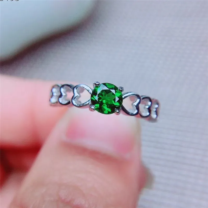 LeeChee Real 925 Sterling Silver Ring 5MM Green Gemstone Fine Jewelry for Women Daily Wear Birthday Gift Natural Chrome Diopside