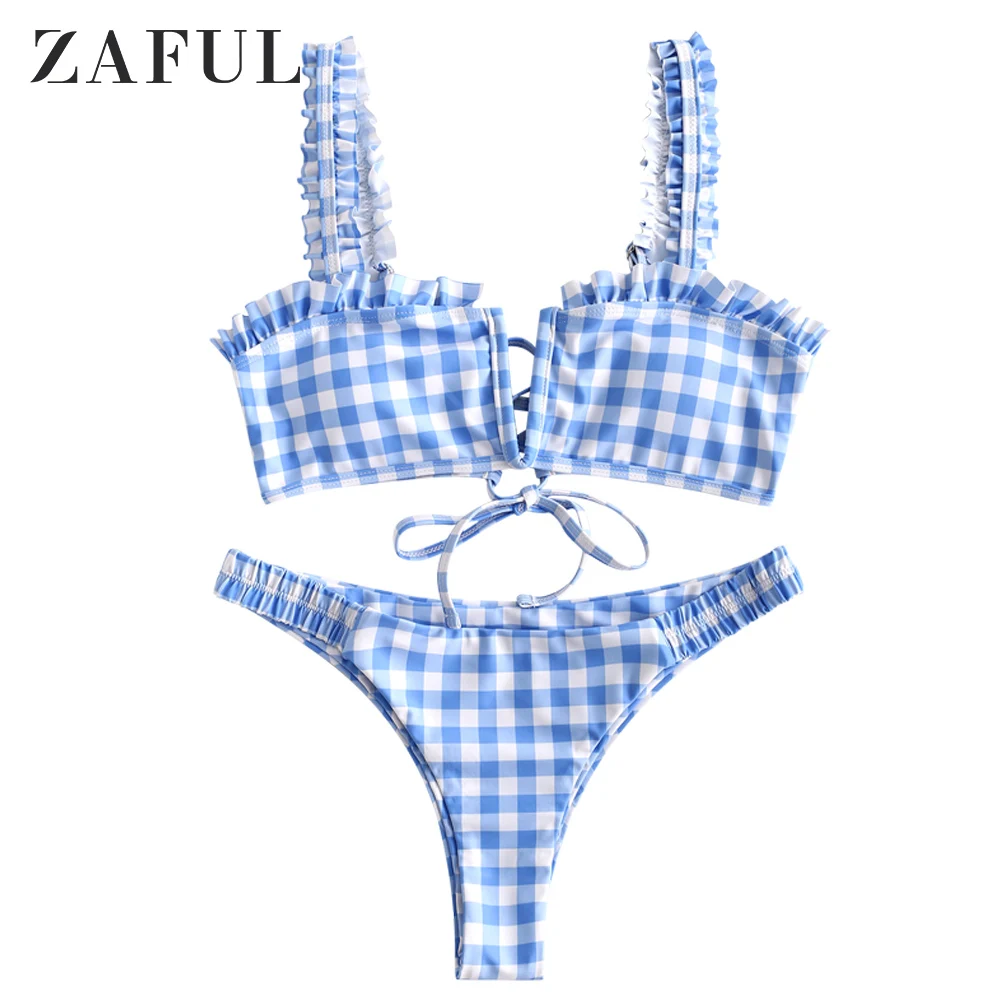 ZAFUL плед V проводной рюшами комплект бикини для Для женщин бюстгальтер без
