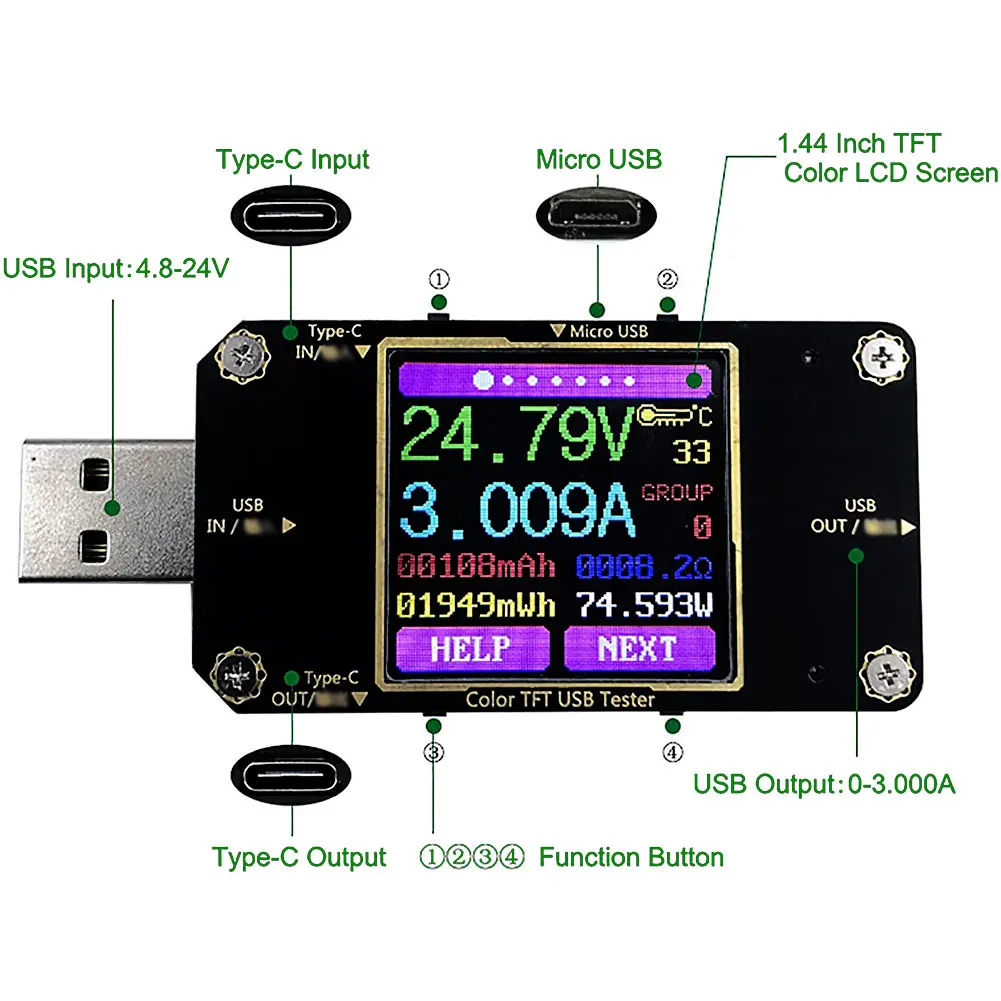 

USB Charging Power Bank Meter Voltage Battery Current Tester Multimeter 1.44 Inch HD Digital Display Type-C PD Ammeter Detector