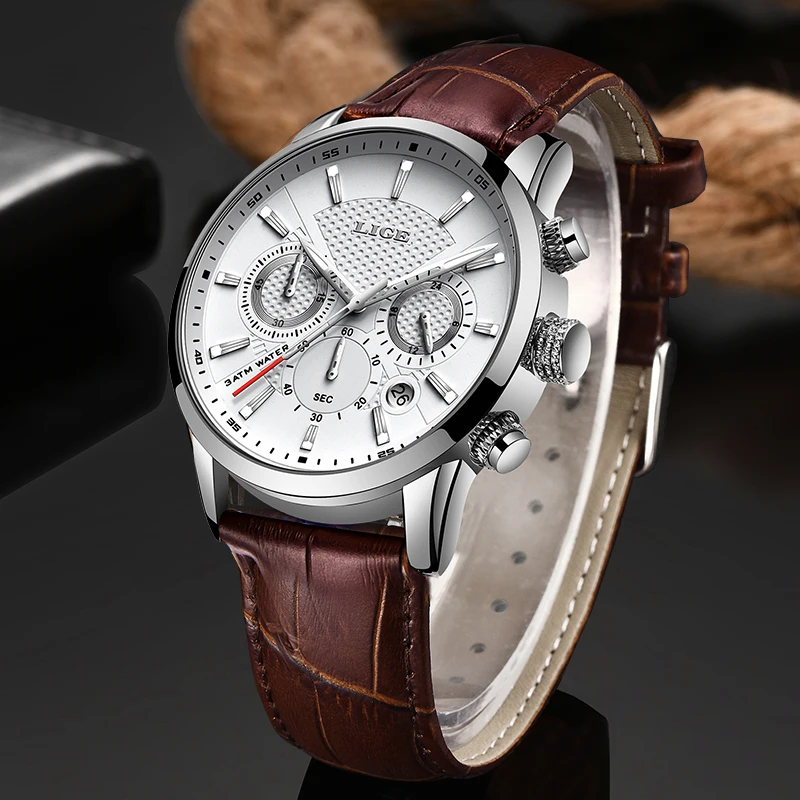

LIGE Fashion White Dail Mens Watches Analog Quartz Wristwatches Men 30M Waterproof Sport Date Leather Band Watches montre homme