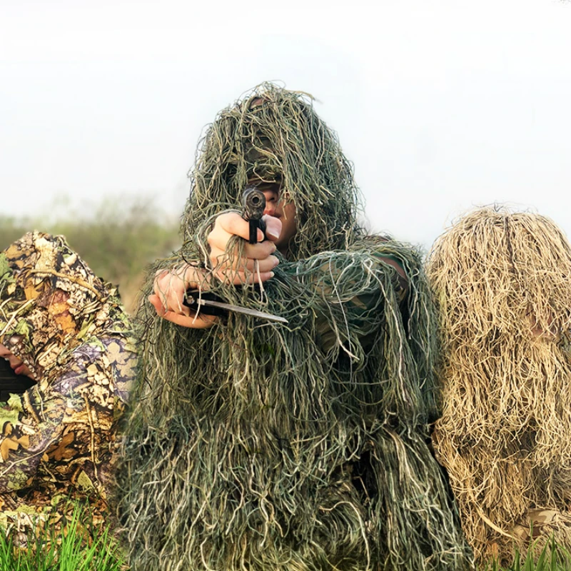 Военная камуфляжная охотничья одежда костюм Ghillie 5 шт. капюшон + ремень топ брюки