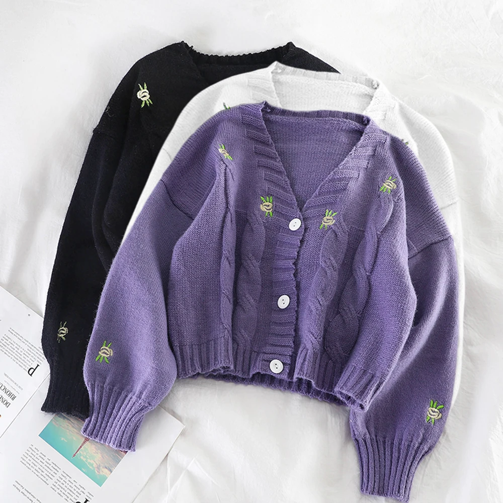 Женский вязаный кардиган с вышивкой однотонный короткий V образным вырезом и