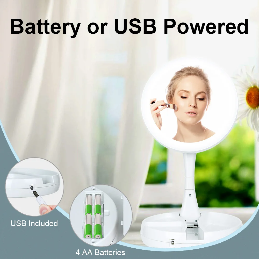 

Foldable Round Make-up Mirror with LED Light 1x 10x magnifing beauty mirror portable fold Double-sided mirror with180 rotation
