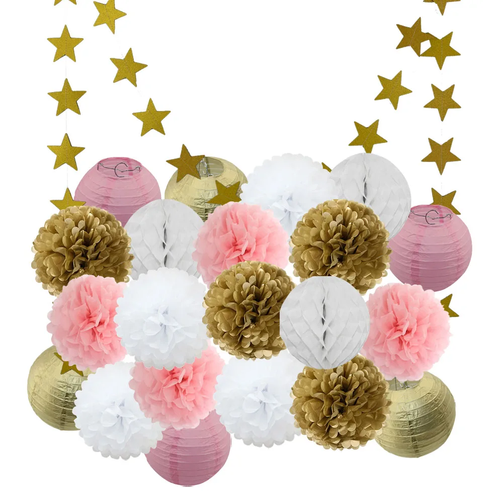 Gold Pink Set-2 Лидер продаж 22 шт./компл. золото/черный/белая Круглая Бумажная Фонари Выпускной 50th День рождения одолжение рождественское год висит Изделия из бумаги - Color: Gold Pink Set-2