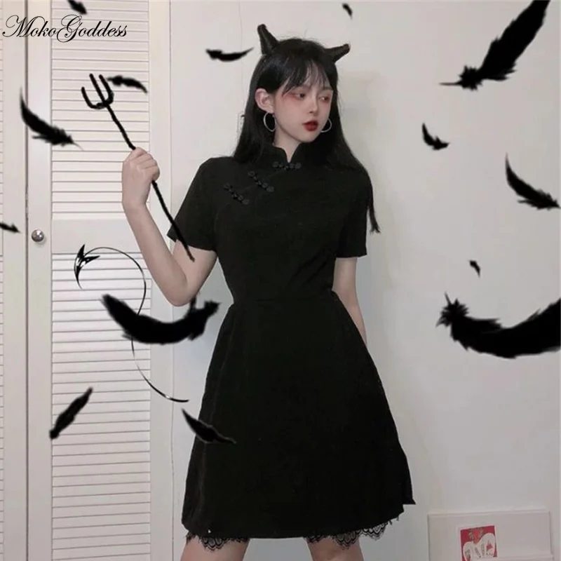 Японское винтажное готическое платье в стиле Харадзюку черное приталенное