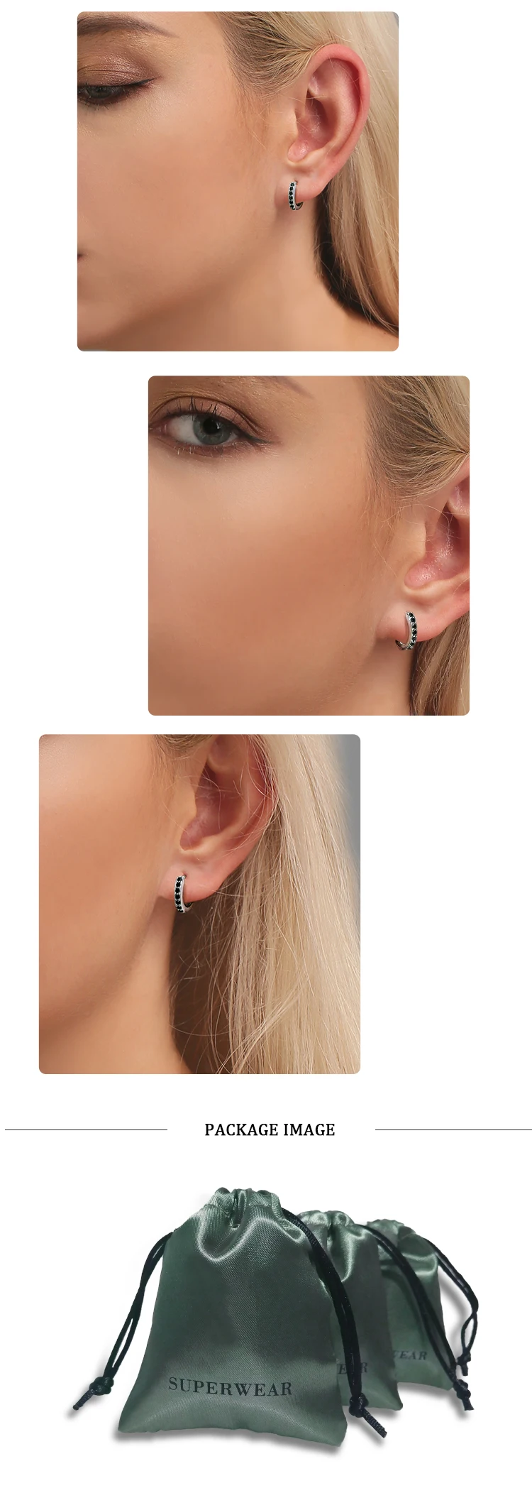 SUPERWEAR маленькие обручи серьги с камнями 925 пробы металлический браслет черный оникс Женщины Мужчины Huggie серьги пирсинг ухо манжеты K-pop ювелирные изделия