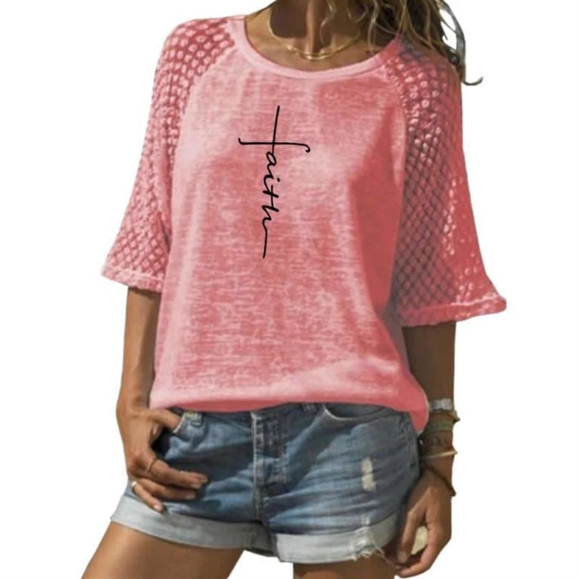 Модная футболка для женщин с надписью Faith, кружевная футболка с вырезом лодочкой, Топы Harajuku, футболка веселая, большие размеры, женские футболки с графикой