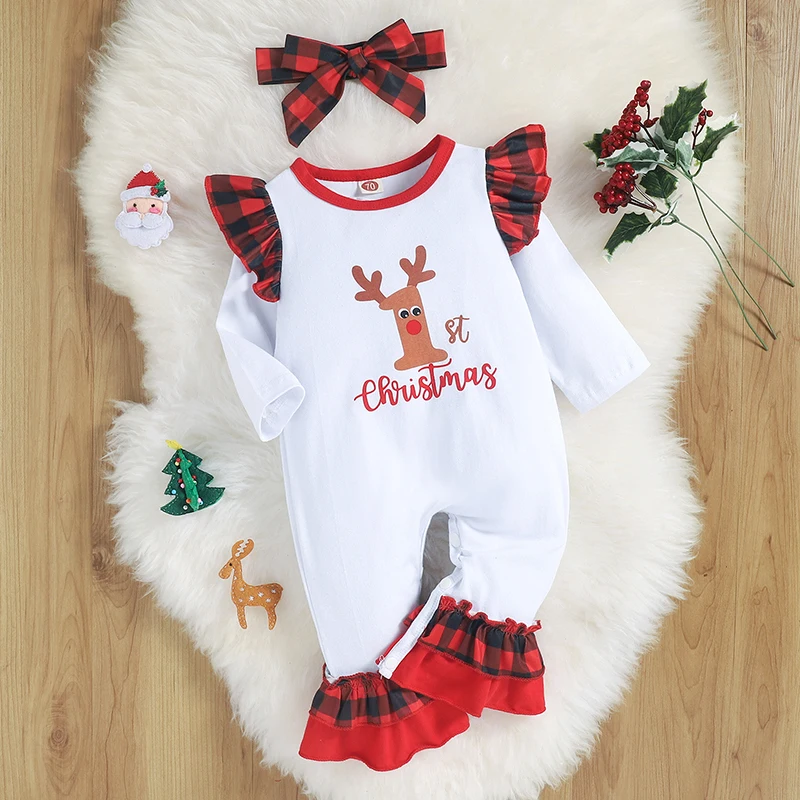 

Комбинезон клетчатый с длинным рукавом, круглым вырезом и оборками