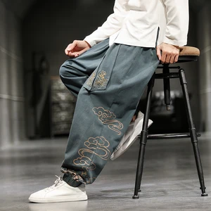 2021 Men's Oversize Wied Leg Pants Harajuku Cotton Linen Casual Trousers Male Embroidery New Men Jog in India
