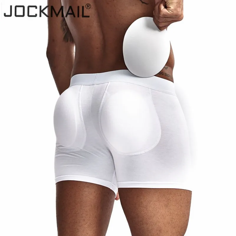 jockmail sexy boxer men underwear Men's Butt-Enhancing Padded Trunk Removable Pad of Butt Lifter and Enlarge Package Pouch White