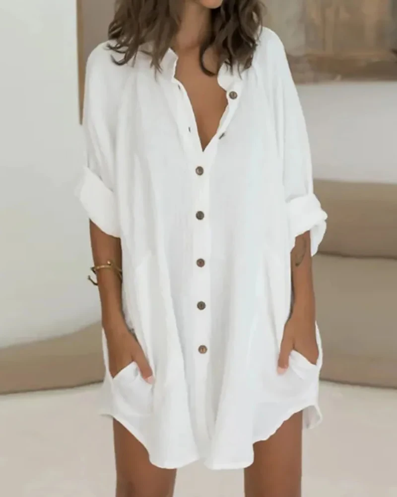 

Summer Women Solid color Long Button Front Shirt Femme Pocket Design Boyfriend Style Top Tunics Ladies Casual Clothe