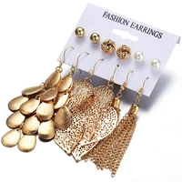 6 pcs fashion packed metal texture exaggerated earrings artificial pearls and hollow leaf earrings acrylic gold earrings set