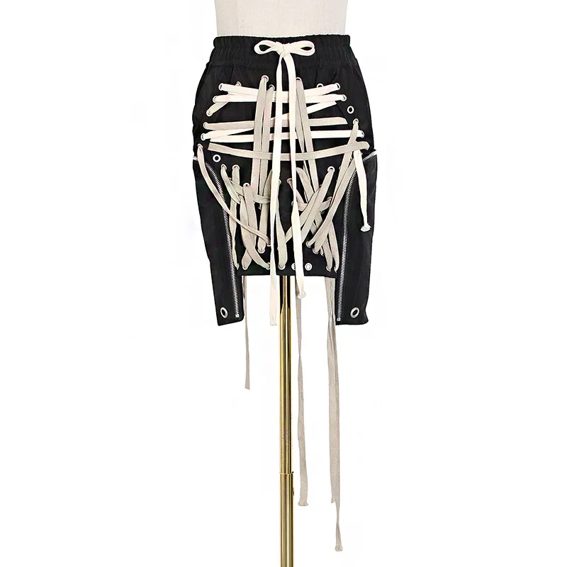 

Season's new irregular dark three-dimensional contrast color drawstring large pocket irregular drawstring strap skirt