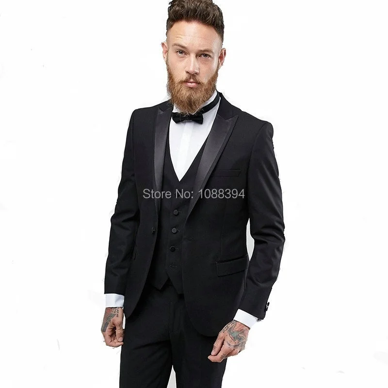 

Смокинги для жениха с заостренными лацканами, черные мужские костюмы для свадьбы, блейзер (пиджак + брюки + галстук + жилет)