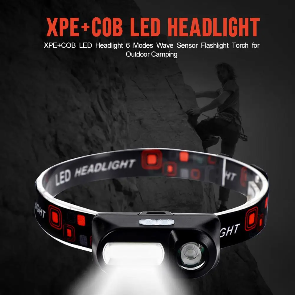 

Practical XPE+COB LED Headlamp USB Rechargeable 6 Modes Wave Sensor Flashlight Torch Headlight for Adventure Fishing