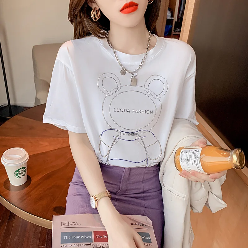 

Fashion Summer Tees Women 2021 New Korean Style Short Sleeve Cartoon Print Loose T Shirts Female Tops