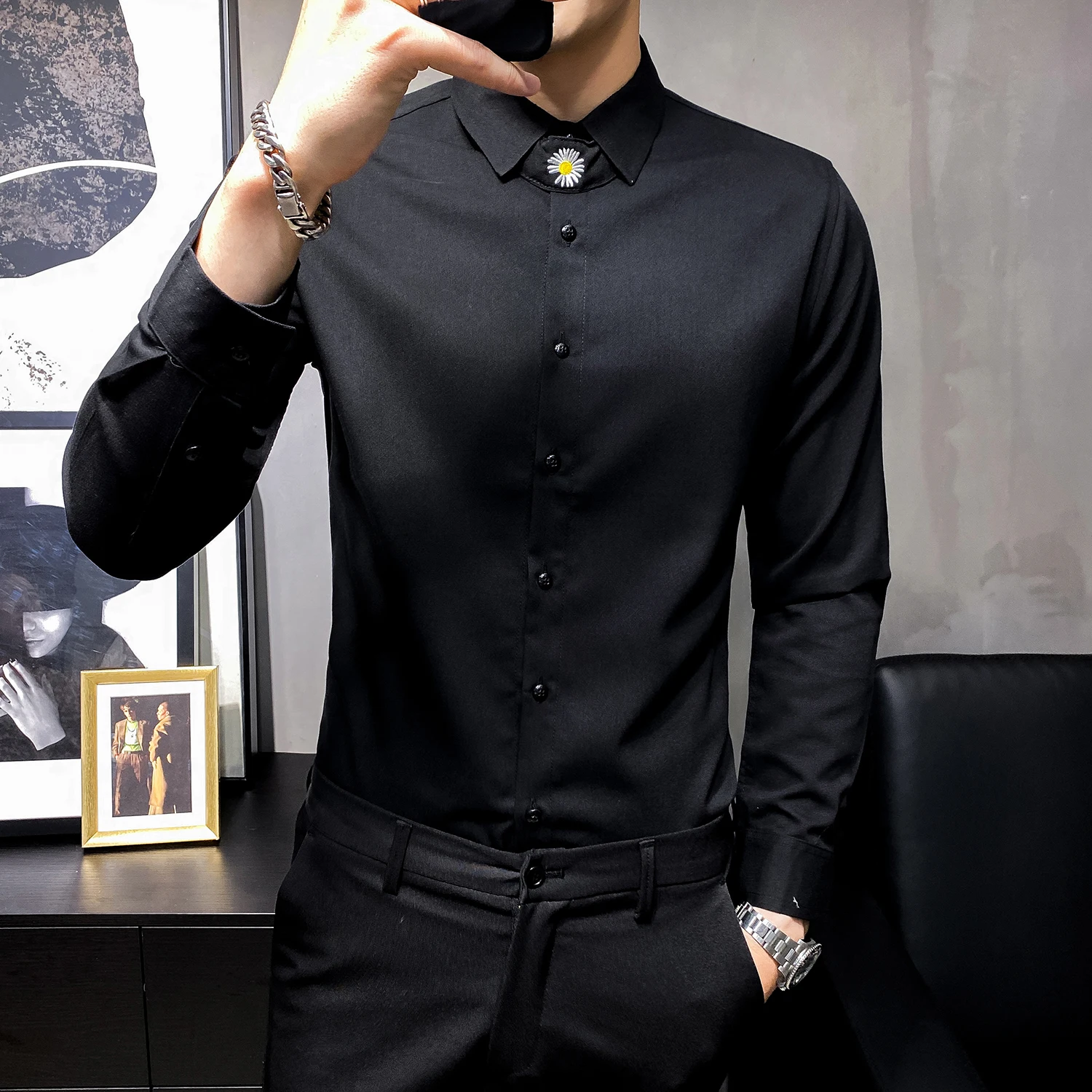 

Мужская рубашка с длинным рукавом, приталенный смокинг для ночного клуба, выпускного вечера, в британском стиле, 2020