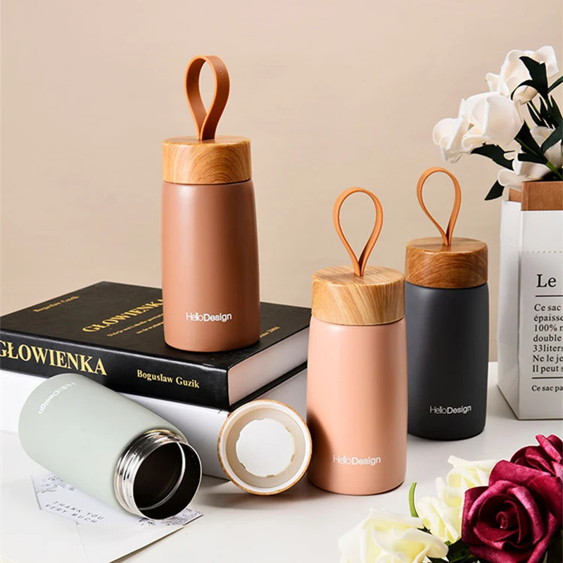 

Creative Wood Grain Cover 304 Stainless Steel Vacuum Flask Thermos Cup Cute Mini Big Belly Water Bottle Thermoses Drinkware