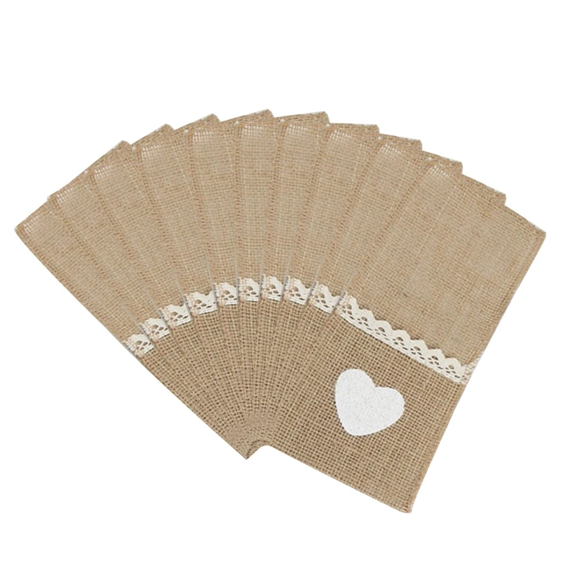 Набор из 10 штук мешков из джута с кружевом для вилок и ножей для свадебной вечеринки, семейного обеда, ресторана, кофейни.
