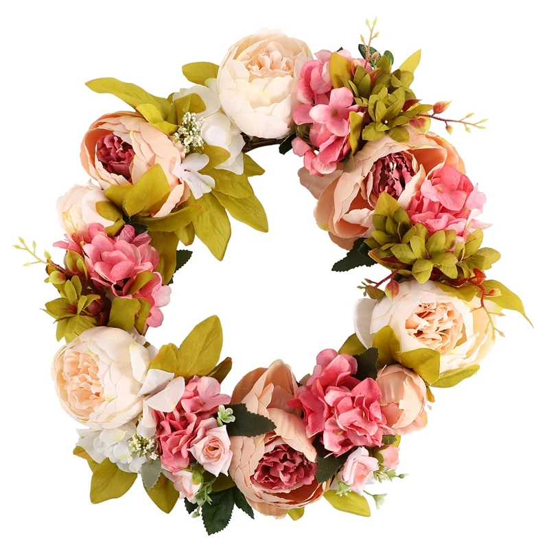 

Венок с искусственными пионами, венок на дверь диагональю 16 дюймов, весенний Круглый венок для входной двери, свадьбы, украшение для дома