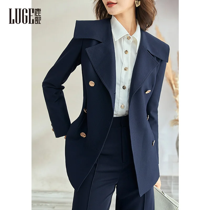 

Женский двубортный костюм с поясом, ветровка темно-синего цвета с воротником, пальто для осени, 2021