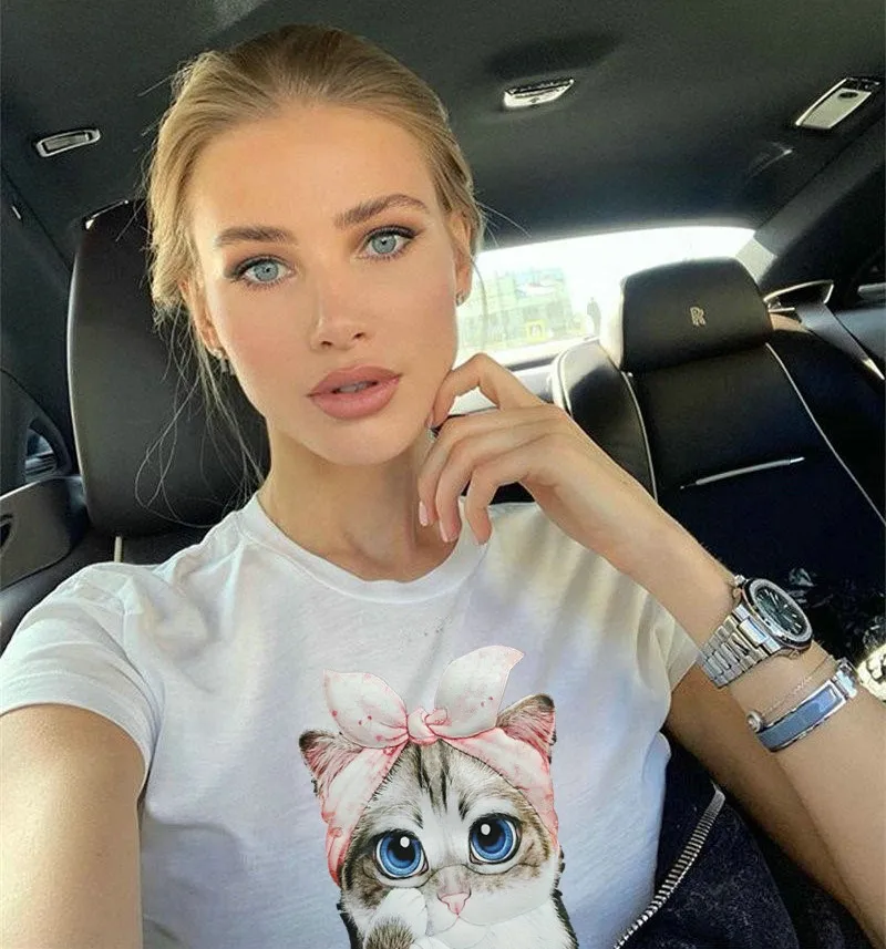 Новинка 2019 женская рубашка летняя с принтом кота круглым вырезом короткими