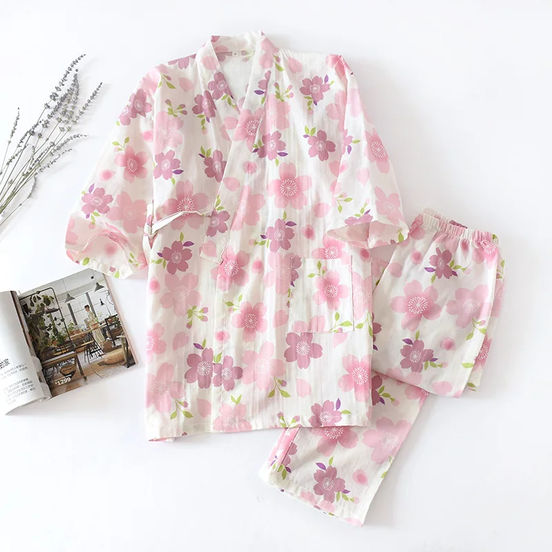 2022 Japanese Kimono Suit Pajamas Spring And Autumn Ladies Cotton Three-Quarter Sleeves Flowers Home Clothes Loose