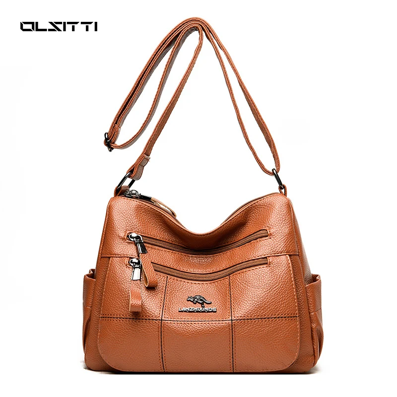 

High Quality Solid Color Multiple Zippers Shoulder Bags for Women 2021 New Solid Color Soft Pu Leather Crossbody Bag Sac Epaule