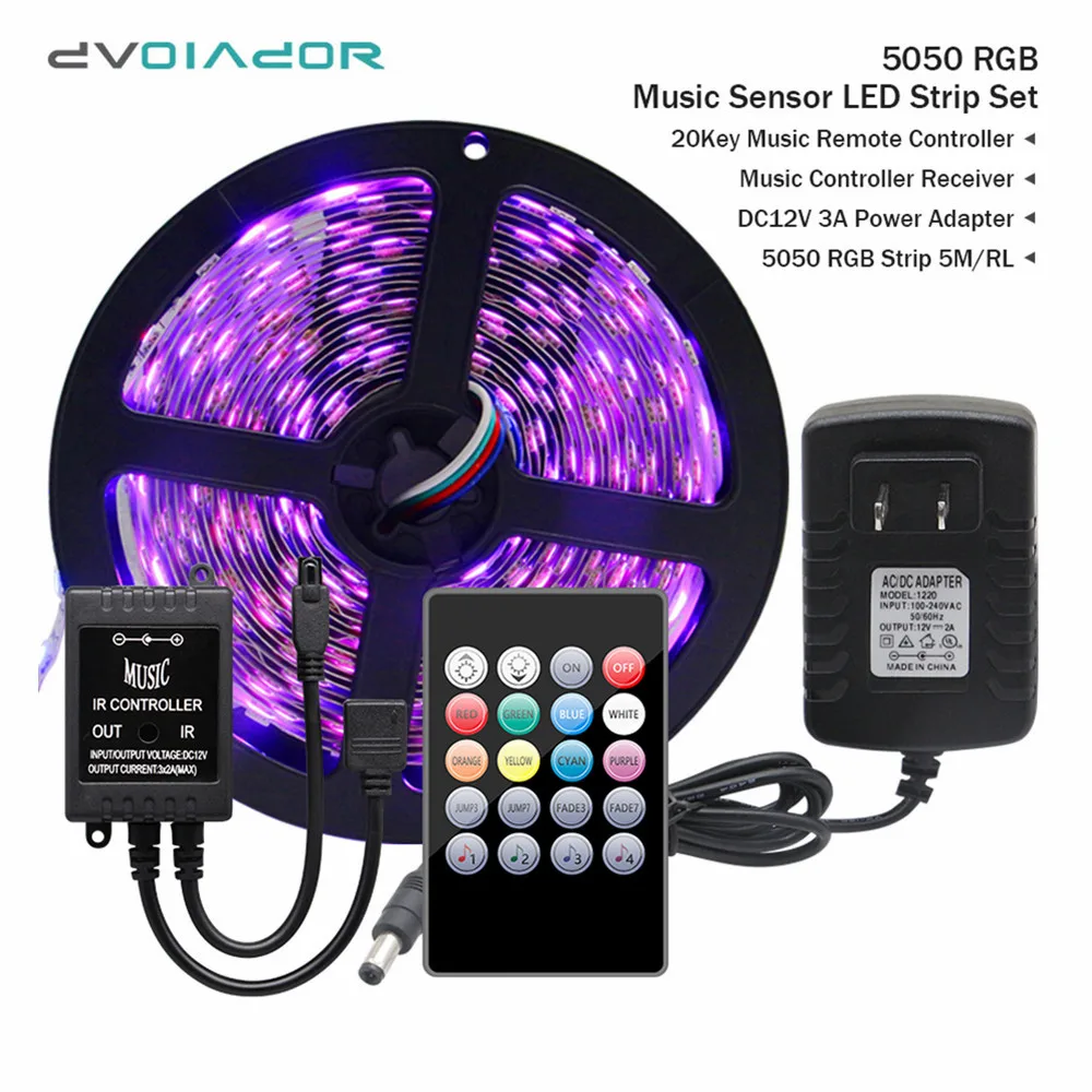 Светодиодная лента 5050 IP20/IP65 водонепроницаемая RGB 5 м + Радиочастотный пульт