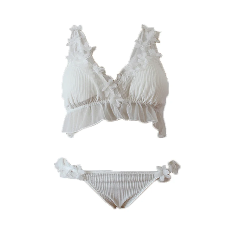 New Dream Flower Marriage Bride Women's Japanese Lace Bra & Panties Set Girl Student No Steel Ring Pure White Girl Bra Set