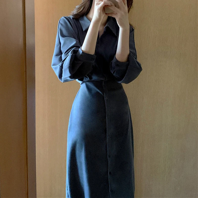 

Новинка 2021 женское весеннее Модное Элегантное винтажное корейское длинное платье на шнуровке с высокой талией осенние платья рубашка