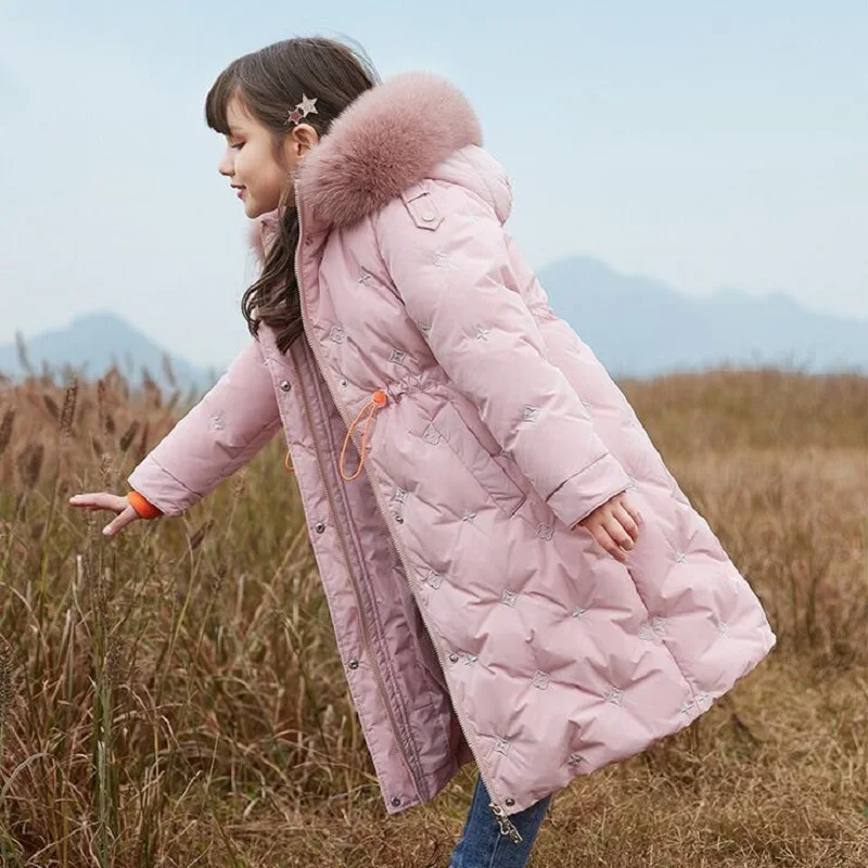 

Winter 4-13Yrs Girls Down Jacket For Children's Coat Long Over The Knee Hooded Waist Retraction Thick Warm Down Coat Girls