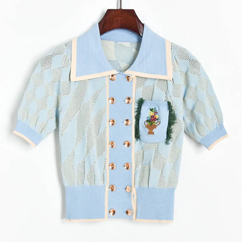 

Spring Autumn Knitted Sweater Women's 2020 Short Top Short Sleeve Embroidered Pocket Flower Pattern Double Breasted Lapel