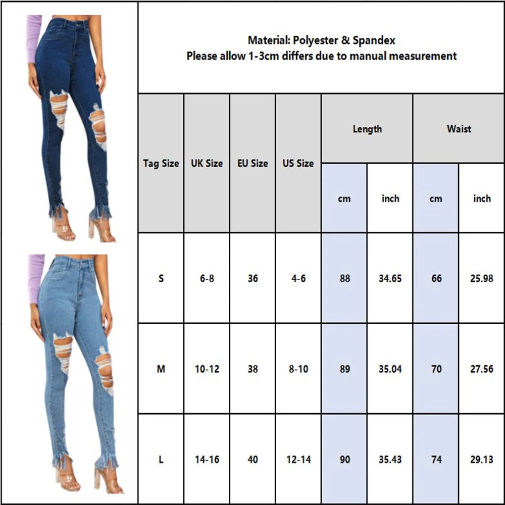 

Women's Hole Long Denim Pants Skinny Ripped Feet Jeans Distressed Slim-Fit Ankle-Length Pencil Pants Casual Stretch Trousers D30