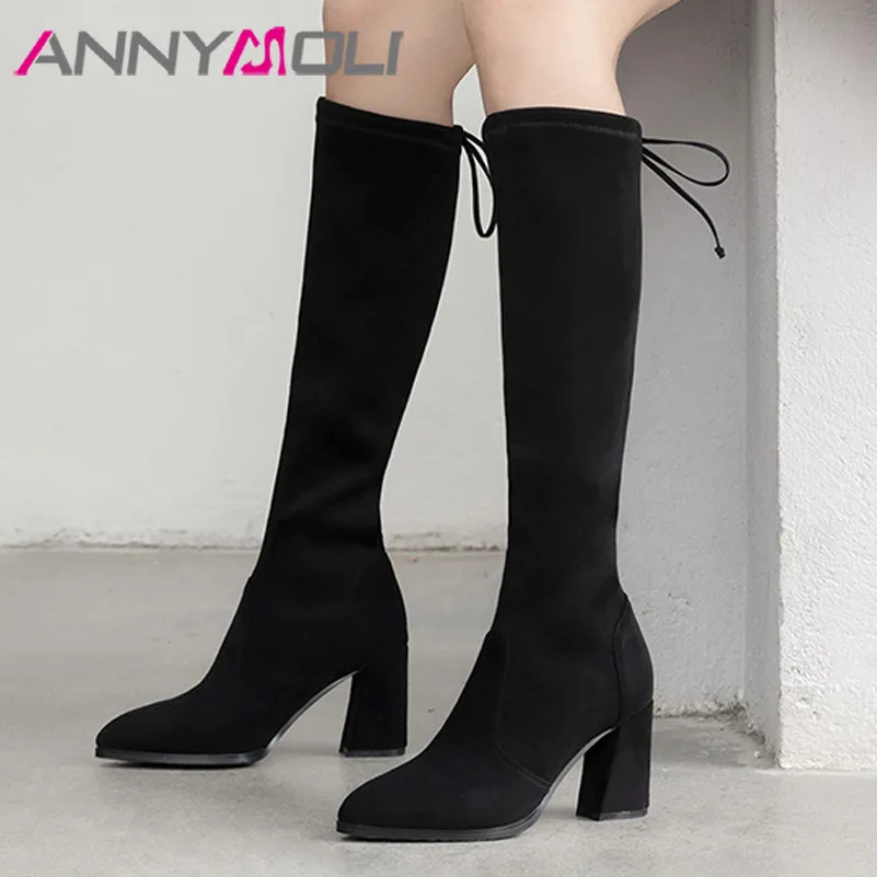 

ANNYMOLI женские сапоги до колена обувь с острым носком на толстом каблуке женские сапоги на шнуровке на высоком каблуке длинные сапоги осень з...