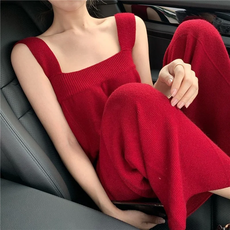 Vintage Long Jumpsuits Women Fashion Sleeveless Straps Overalls 2023 Summer Wide Leg Pants Solid Knitted Romper Playsuits Y116