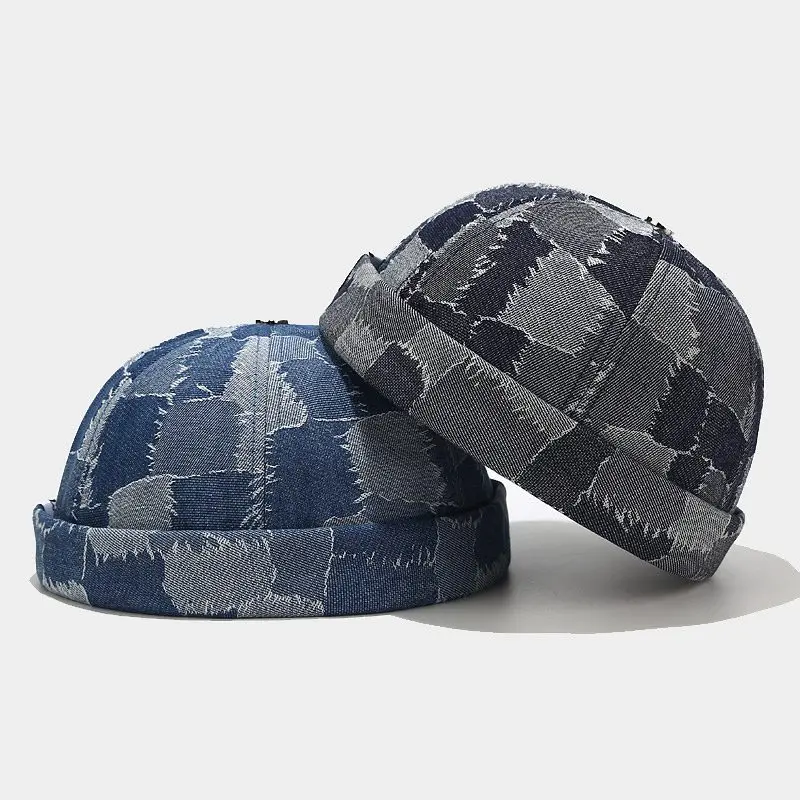 

New Contrast Plaid Denim Brimless Cap Women's Skullcap Retro Dome Melon Cap Portable Skullies Beanies Unisex Sun Protection Hat