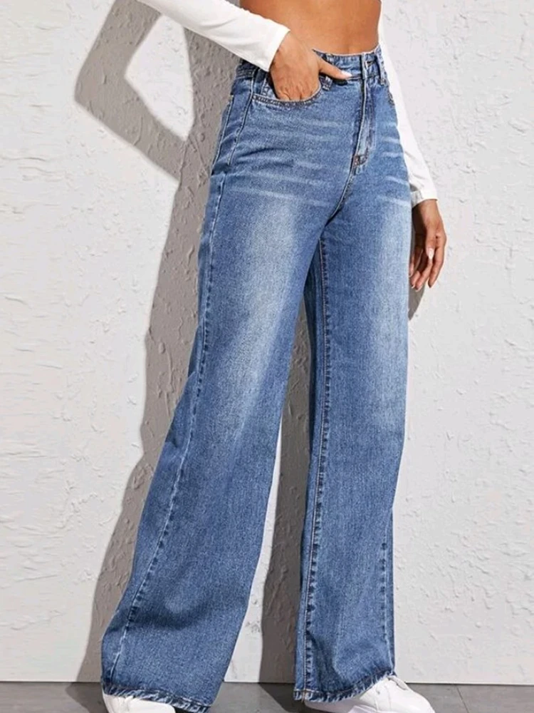 Модные прямые брюки в стиле Харадзюку, женские джинсы с высокой талией, одежда из денима с широкими штанинами, синяя уличная одежда, винтажн...