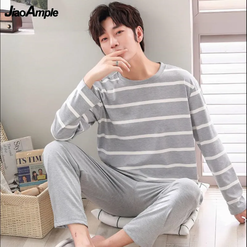 M-4XL Pajamas Men's Long-Sleeved Trousers Pajamas Two-Piece Spring Autumn Cotton Loose Sleepwear Pijamas Boy Casual Home Clothes