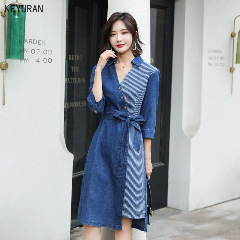 Женское джинсовое платье с V-образным вырезом поясом | Женская одежда